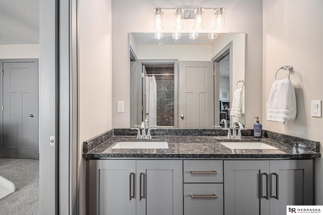 bathroom with a sink, a shower with shower curtain, and double vanity