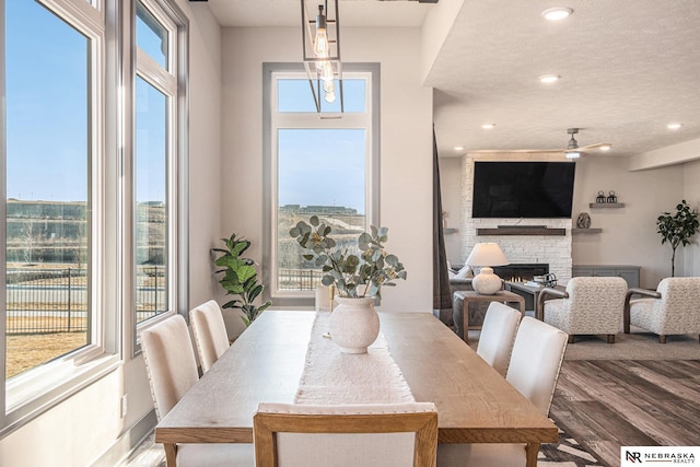 dining space with a stone fireplace, a healthy amount of sunlight, and wood finished floors