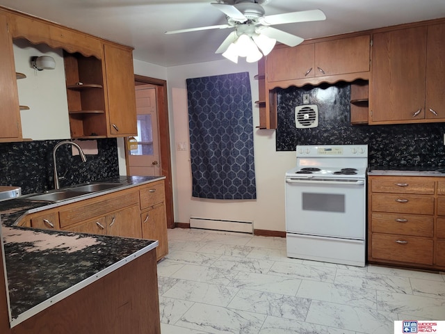 kitchen featuring marble finish floor, open shelves, a baseboard radiator, electric range, and a sink