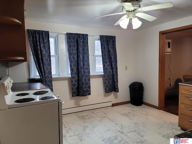 kitchen featuring marble finish floor, white electric range, baseboard heating, ceiling fan, and baseboards