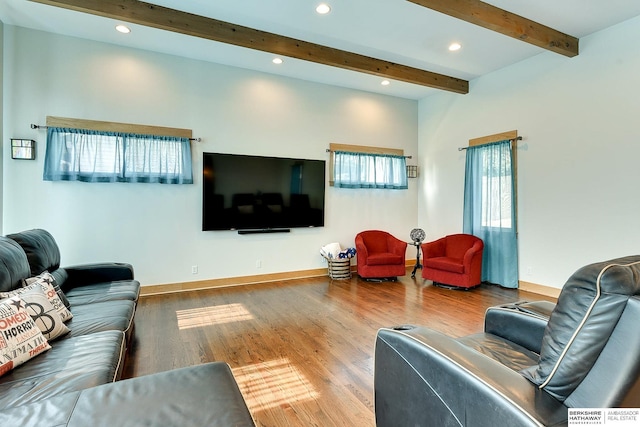 living room featuring beamed ceiling, recessed lighting, wood finished floors, and baseboards