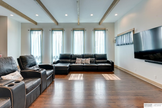 living area featuring recessed lighting, baseboards, beam ceiling, and wood finished floors