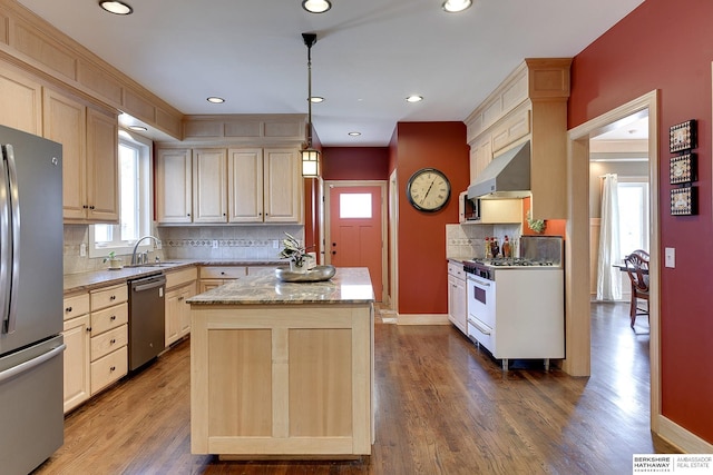 kitchen with decorative backsplash, exhaust hood, a kitchen island, and stainless steel appliances