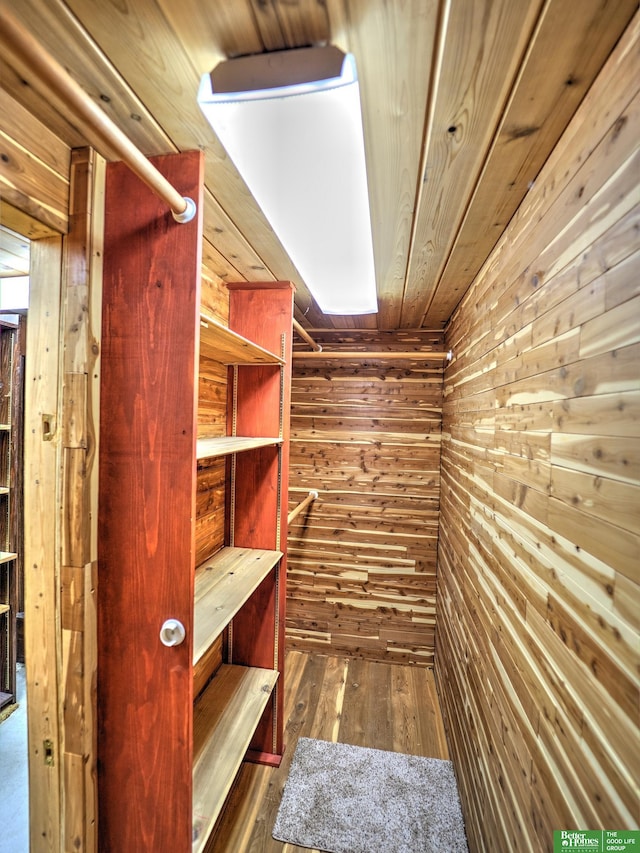 walk in closet with dark wood finished floors