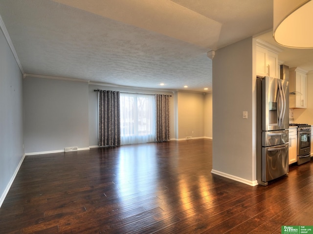 unfurnished living room featuring dark wood-style flooring, crown molding, a textured ceiling, and baseboards