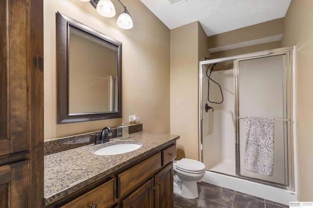 full bathroom with visible vents, toilet, tile patterned floors, vanity, and a shower stall