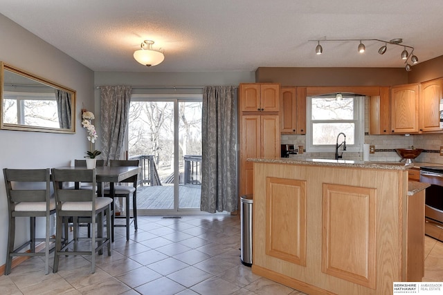 kitchen with a textured ceiling, light brown cabinetry, tasteful backsplash, and a sink