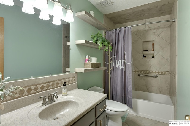 full bath featuring tile patterned flooring, toilet, vanity, visible vents, and shower / bath combo