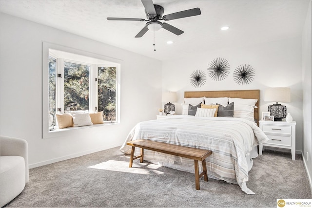 bedroom featuring recessed lighting, carpet flooring, ceiling fan, and baseboards