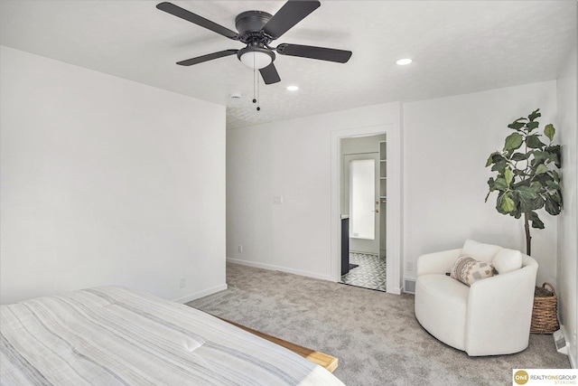 carpeted bedroom with a ceiling fan, recessed lighting, and baseboards