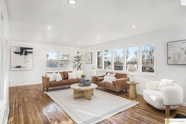 living area featuring baseboards, wood finished floors, and recessed lighting