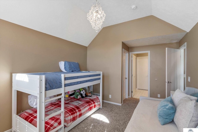 carpeted bedroom with lofted ceiling, baseboards, and a chandelier