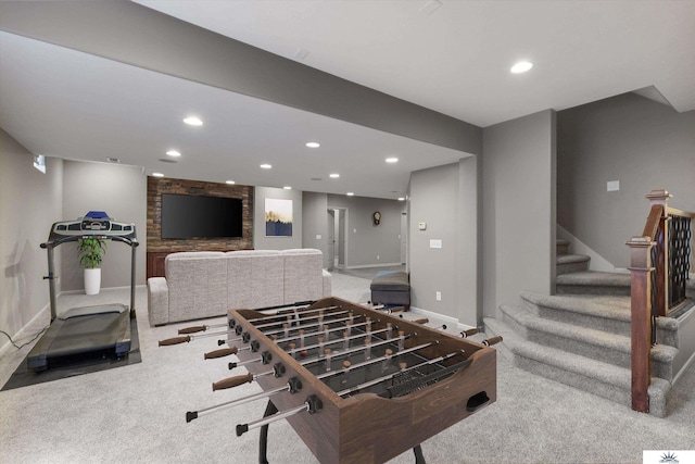 game room with carpet floors, recessed lighting, and baseboards