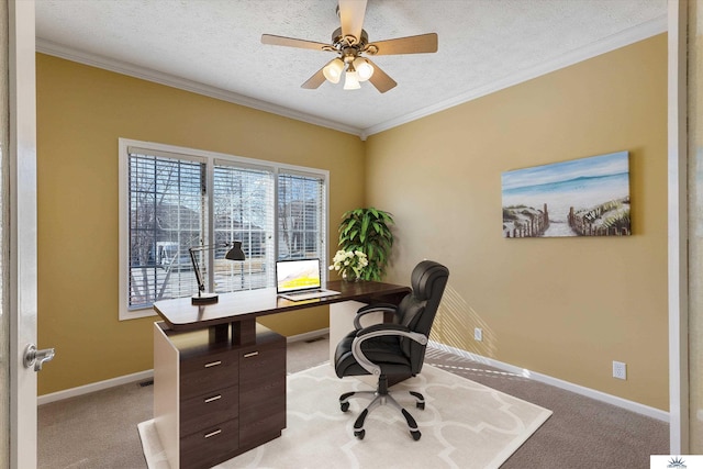 office featuring crown molding, baseboards, a textured ceiling, and light colored carpet