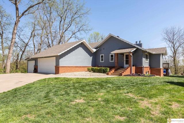 ranch-style home with brick siding, a chimney, and a front lawn