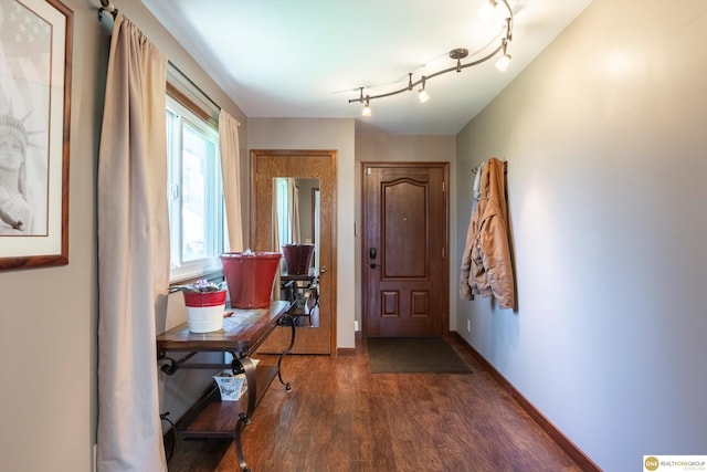 entrance foyer featuring wood finished floors, rail lighting, and baseboards