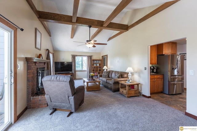 living room featuring carpet floors, beamed ceiling, and high vaulted ceiling