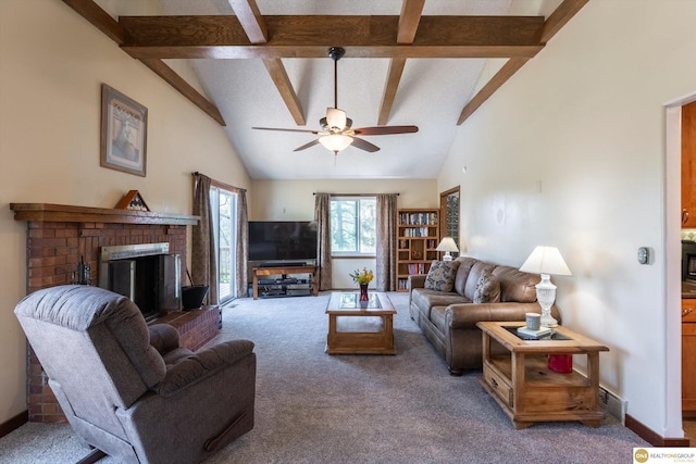 living area featuring high vaulted ceiling, carpet floors, a fireplace, baseboards, and beam ceiling