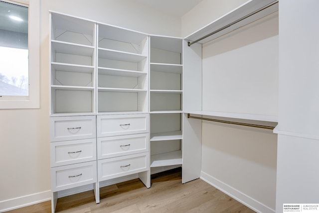 walk in closet with light wood-style floors