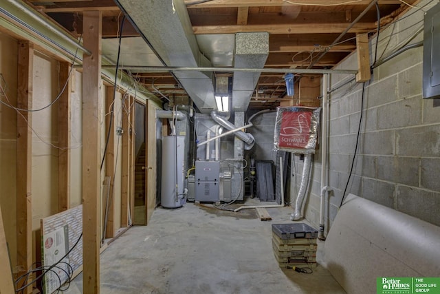 unfinished below grade area with heating unit, gas water heater, and electric panel