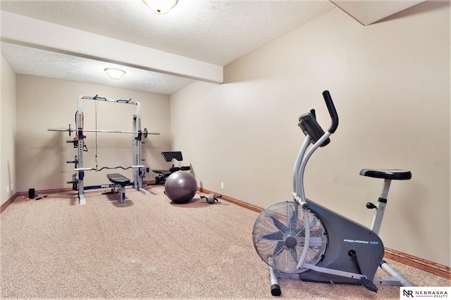 exercise area featuring a textured ceiling, carpet flooring, and baseboards