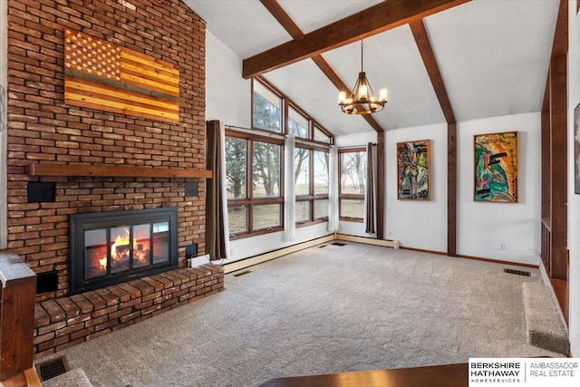 unfurnished living room featuring carpet floors, a fireplace, visible vents, high vaulted ceiling, and beamed ceiling