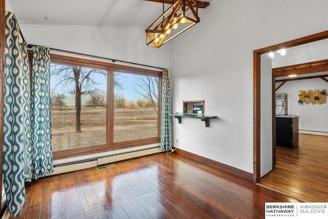 unfurnished dining area with a baseboard radiator, hardwood / wood-style flooring, baseboards, vaulted ceiling, and baseboard heating