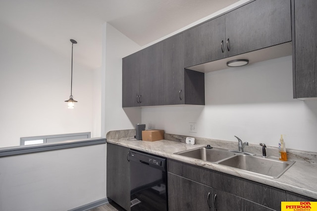 kitchen with dishwasher, lofted ceiling, light countertops, pendant lighting, and a sink