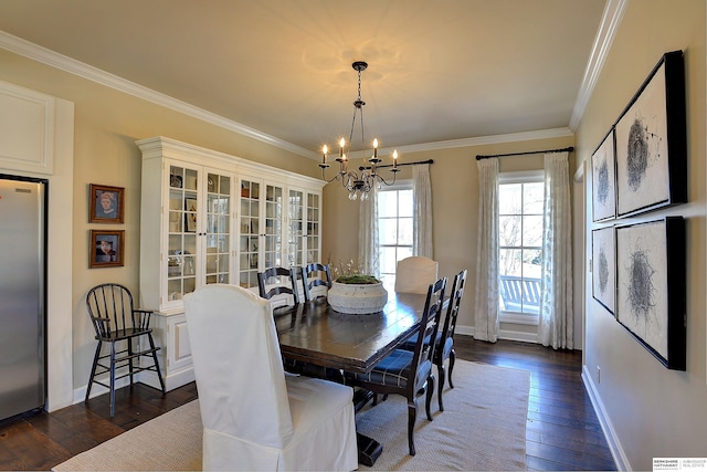 dining area featuring baseboards, ornamental molding, dark wood-style flooring, french doors, and a notable chandelier