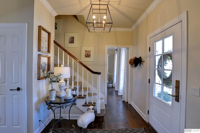 entrance foyer with stairs, baseboards, dark wood-style flooring, and crown molding