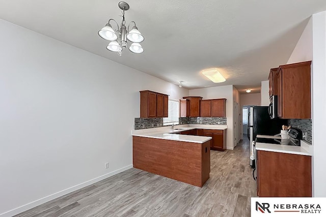 kitchen with a peninsula, a sink, light countertops, appliances with stainless steel finishes, and light wood-type flooring