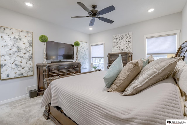 carpeted bedroom with recessed lighting, visible vents, ceiling fan, and baseboards