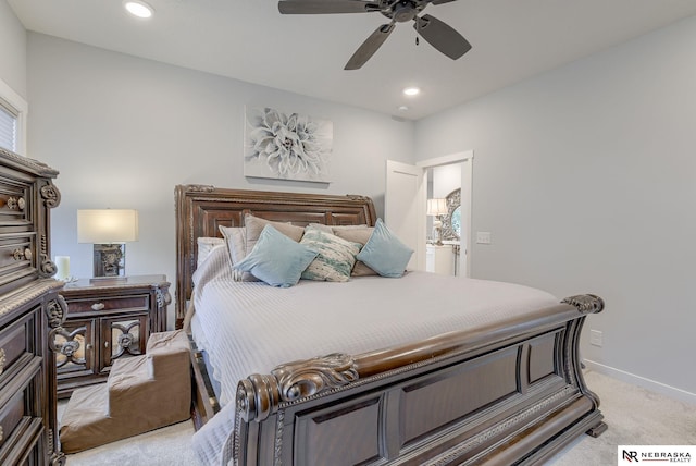 bedroom with light carpet, recessed lighting, a ceiling fan, and baseboards