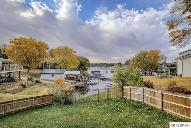 view of yard featuring a water view and a fenced backyard