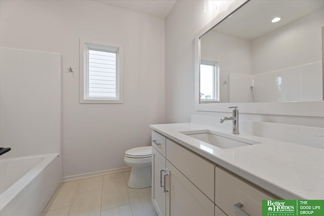 full bathroom with toilet, a washtub, vanity, baseboards, and a shower