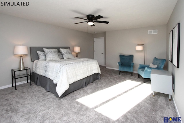 bedroom featuring ceiling fan, carpet flooring, visible vents, and baseboards