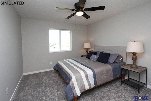 carpeted bedroom with baseboards and a ceiling fan