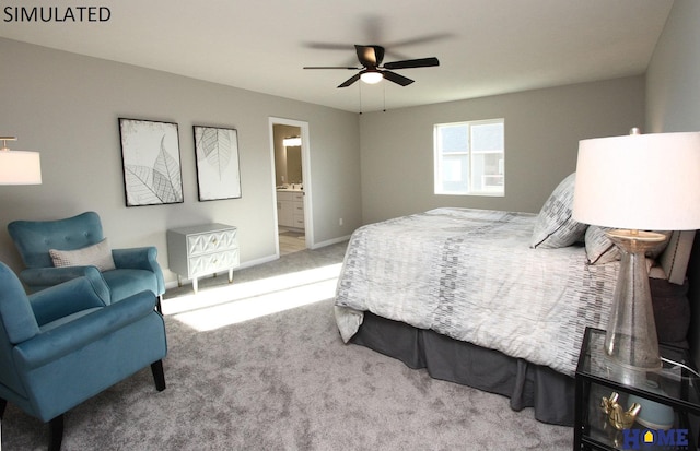 bedroom featuring ceiling fan, ensuite bath, carpet flooring, and baseboards