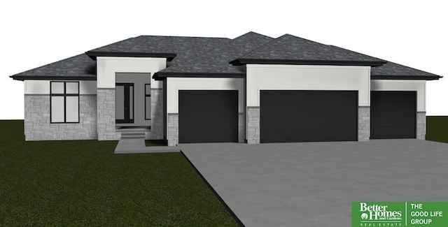 view of front of house with stucco siding, a front yard, a garage, stone siding, and driveway