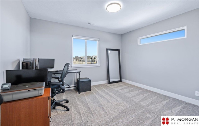 office featuring a wealth of natural light, carpet, visible vents, and baseboards