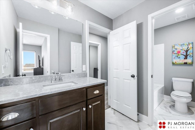 full bath featuring baseboards, visible vents, toilet, marble finish floor, and vanity