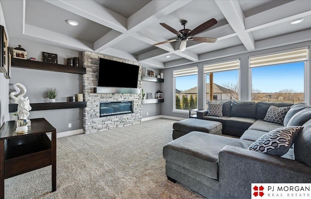 living room with carpet, a fireplace, baseboards, and coffered ceiling