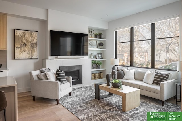 living room with a glass covered fireplace and wood finished floors