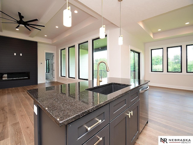 kitchen featuring light wood-style flooring, a large fireplace, a sink, open floor plan, and a raised ceiling