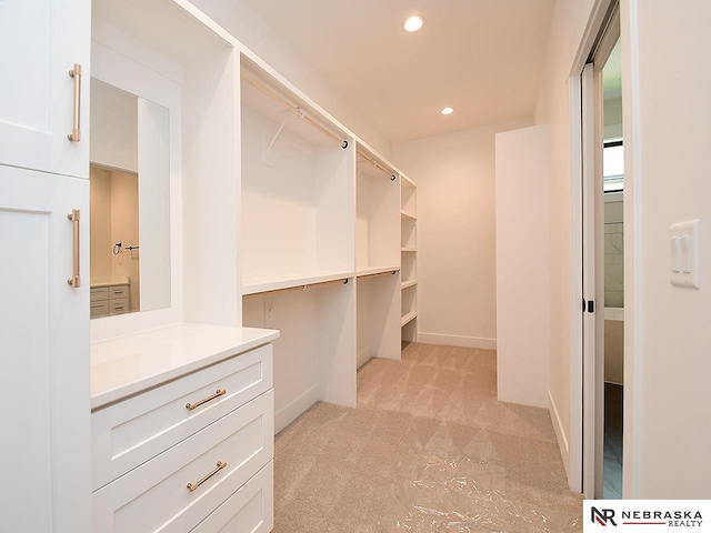 spacious closet featuring light colored carpet