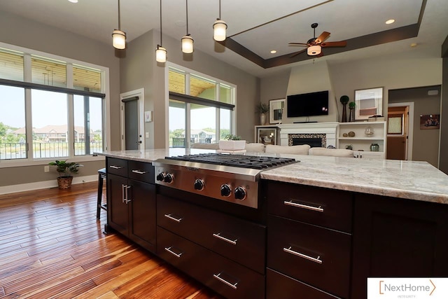 kitchen with light wood finished floors, light stone countertops, a tray ceiling, a fireplace, and stainless steel gas cooktop