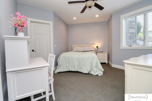 bedroom with recessed lighting, dark carpet, baseboards, and ceiling fan