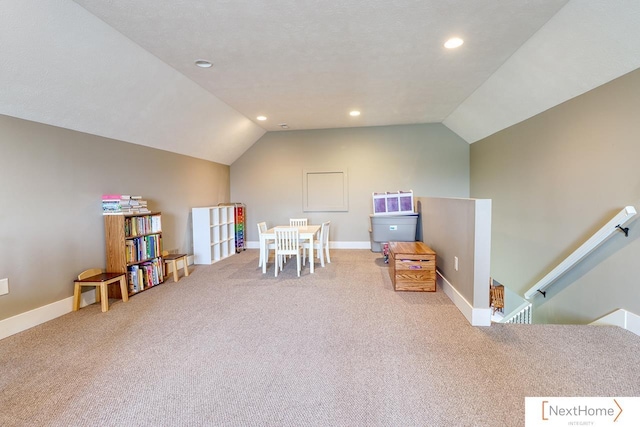 rec room with lofted ceiling, carpet flooring, baseboards, and recessed lighting