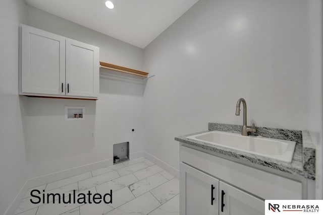 laundry room featuring cabinet space, marble finish floor, hookup for an electric dryer, washer hookup, and a sink