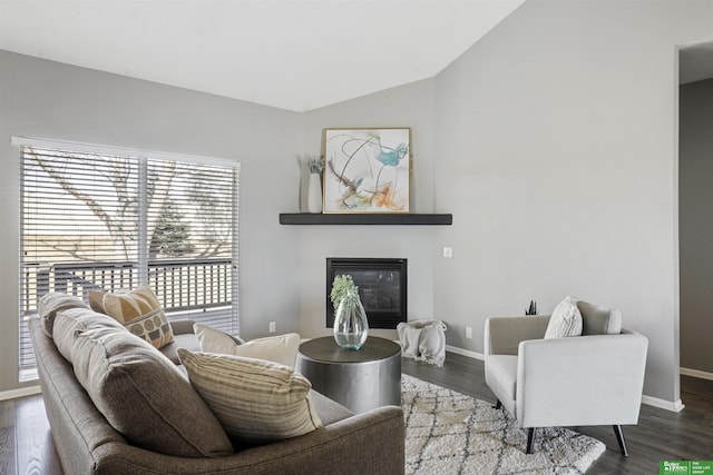 living area featuring baseboards, vaulted ceiling, wood finished floors, and a glass covered fireplace